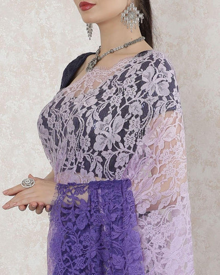 Light Lilac to purple Premium pure French chantilly lace saree in ombre design-D14531