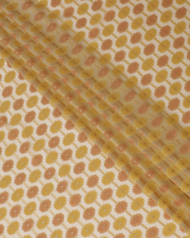 قماش شيفون حريري فرنسي (فرنساوي) ذهبي فاخر بنفس اللون، فيسكوز بني مع لوركس معدني ذهبي بتصميم تجريدي -D12706