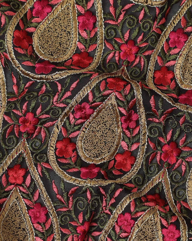 Black synthetic chiffon fabric with multicolor embroidery in fancy design-D12495