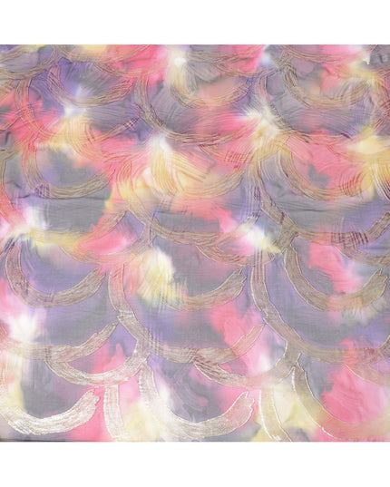 Multicolor Premium pure silk chiffon fabric with gold metallic lurex in abstract design-D9693