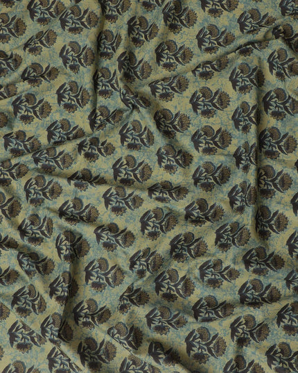 Olive green organic cotton fabric with black and Mehindi green screen block print in floral design-D10289