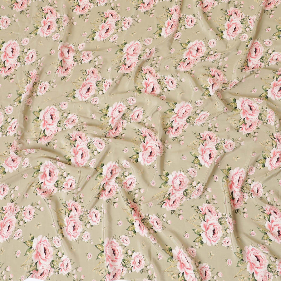 قماش كريب من الحرير الخالص الفاخر باللون الأخضر الطحلبي مع طباعة باللون الوردي الفاتح والأبيض الفاتح والأخضر الداكن بتصميم الأزهار-D9396