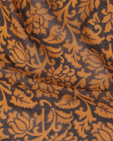 قماش شيفون حريري بني موكا مع طباعة الخردل بتصميم الأزهار-D12921