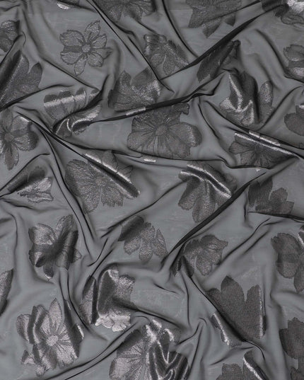 Black Premium pure Italian silk chiffon fabric with copper and silver metallic lurex in floral design-D10797