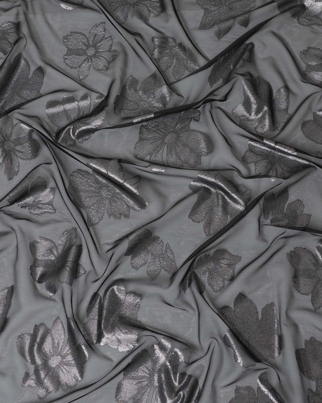Black Premium pure Italian silk chiffon fabric with copper and silver metallic lurex in floral design-D10797