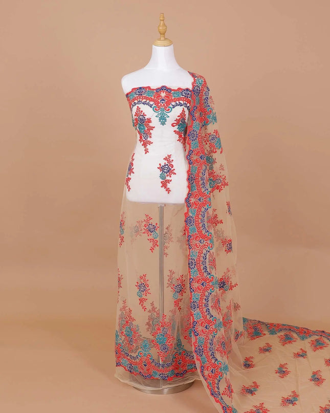 Gold nylon tulle fabric with royal blue, scarlet red and teal blue and gold embroidery in floral design-D9182 Regal Fabrics