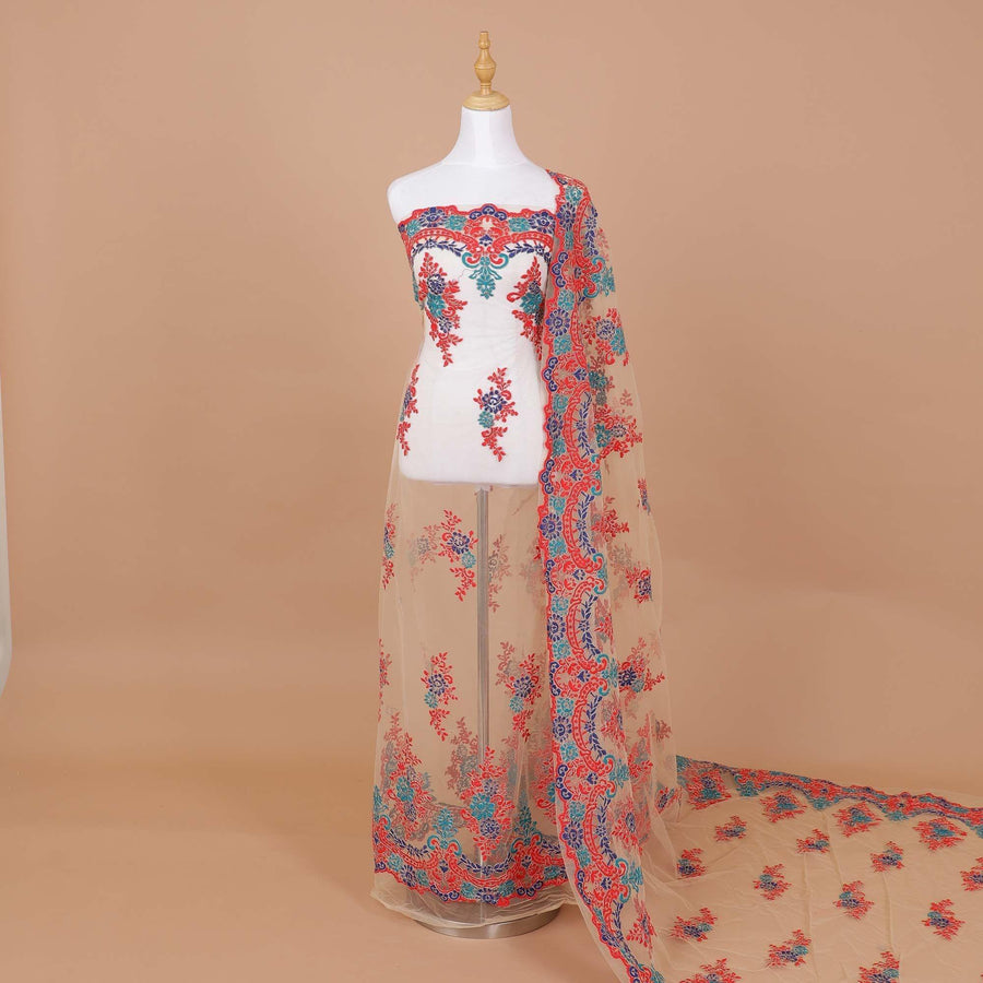 Gold nylon tulle fabric with royal blue, scarlet red and teal blue and gold embroidery in floral design-D9182