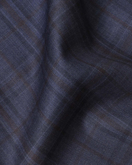 Indigo blue Premium Super 130's Italian blended wool suiting fabric with brown checks design-D10818