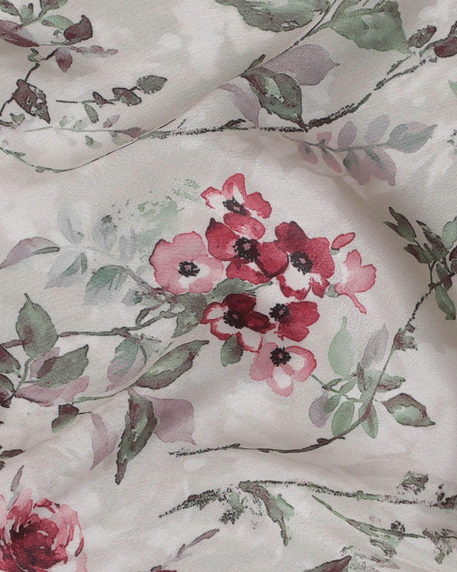 Light fawn beige synthetic crepe fabric with multicolor print in floral design-D15024