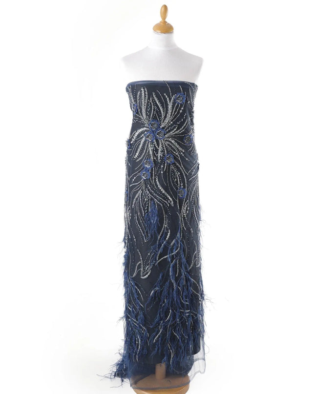 Yale blue nylon tulle fabric with same tone, silver embroidery, feathers having yale blue and navy blue 3d flowers , silver sequins and bead work in floral design Regal Fabrics