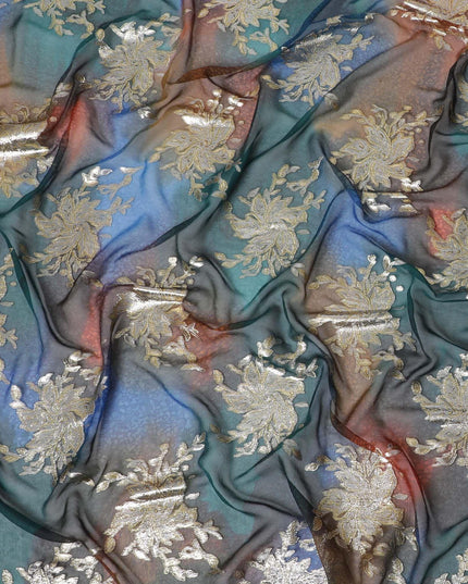 Multicolor premium pure handprinted silk chiffon fabric with gold metallic lurex in fancy design-D10408