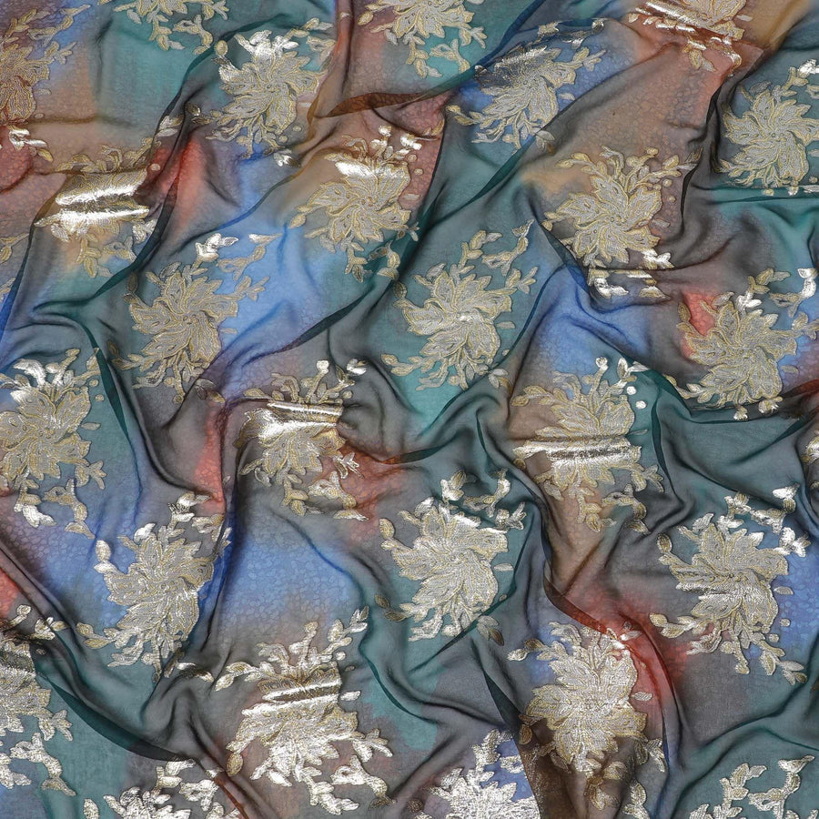 Multicolor premium pure handprinted silk chiffon fabric with gold metallic lurex in fancy design-D10408