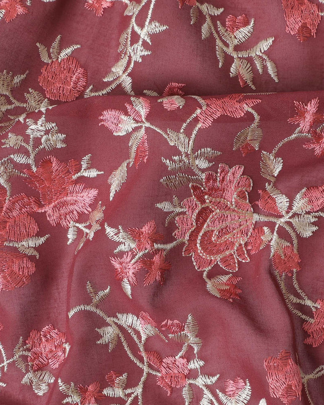 Ruby red cotton voile fabric with red and gold embriodery in floral design-11232 Regal Fabrics