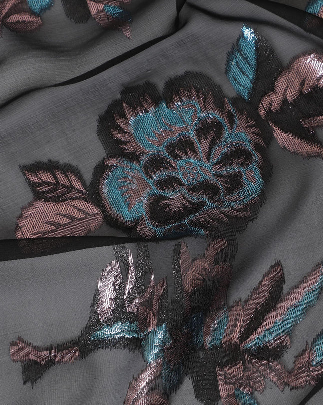 Black premium pure silk chiffon fabric with copper and blue metallic lurex in floral design-D13730