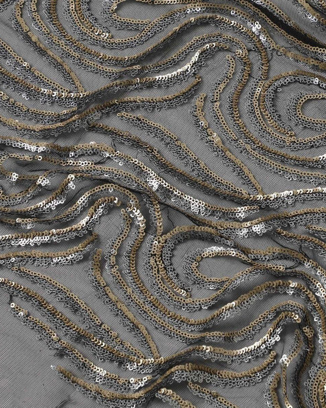 Black nylon tulle fabric with gold & silver sequins in fancy design