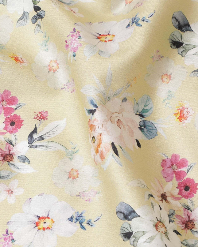 Beige cotton satin fabric with peach, maya blue, off white and cerise pink print in floral design-D7377