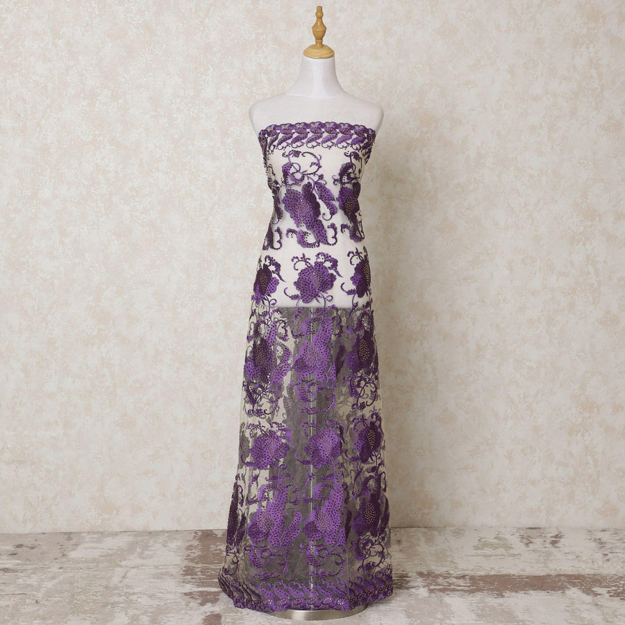 قماش تول نايلون بيج مع تطريز أرجواني مع عمل حجري بتصميم الأزهار-D14220