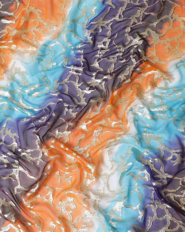 شيفون من الحرير الخالص متعدد الألوان مع لوريكس معدني ذهبي بتصميم تجريدي -D11369