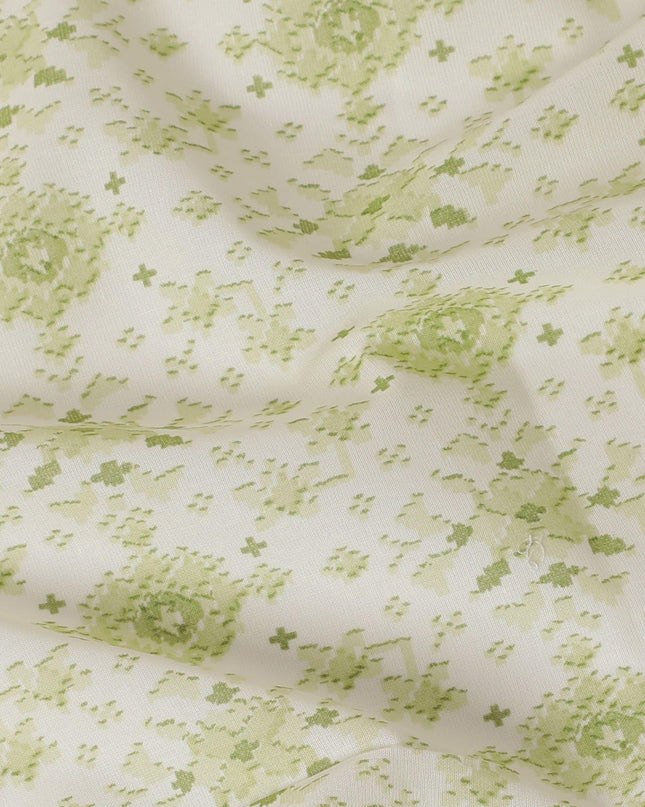 Off white cotton voile fabric with sage green print in floral design-D15061