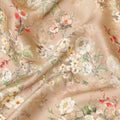 Sandy brown viscose modal satin fabric with ruby pink, olive green and beige print in floral design-D7429 Regal Fabrics