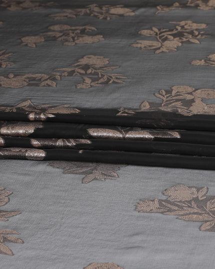 Black Premium pure French (Fransawi) silk chiffon fabric with copper metallic lurex in floral design-D9666