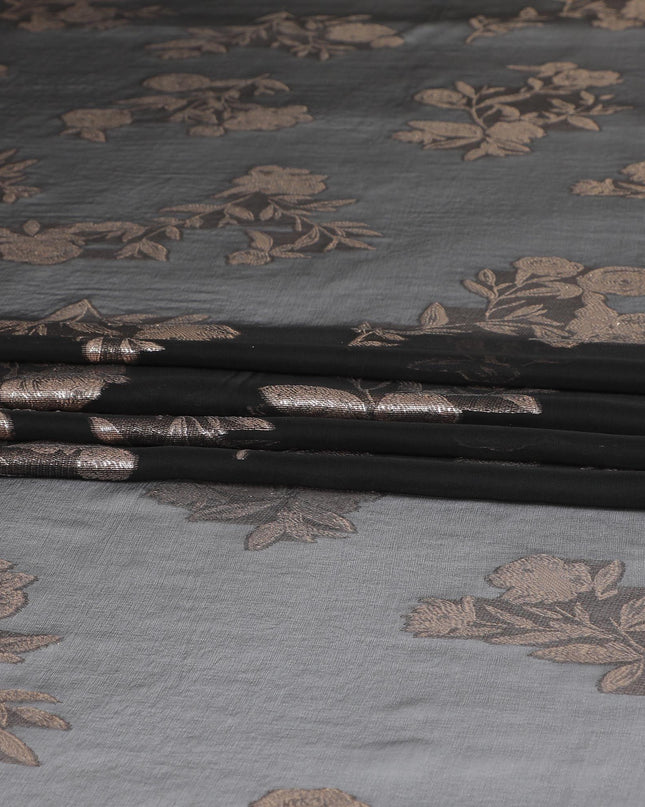 Black Premium pure French (Fransawi) silk chiffon fabric with copper metallic lurex in floral design-D9666