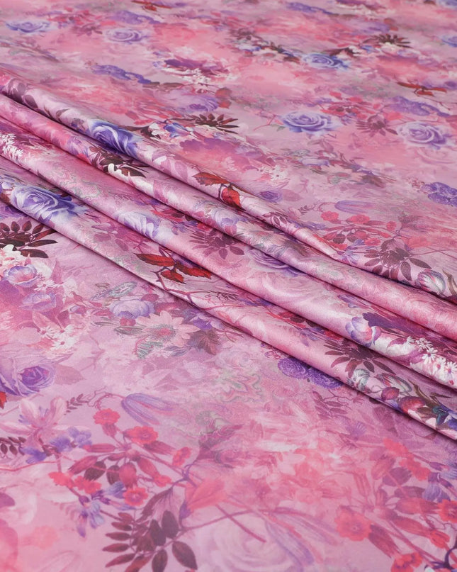Taffy pink blended cotton lawn fabric  with multicolor print in floral design: D-5666 Regal Fabrics