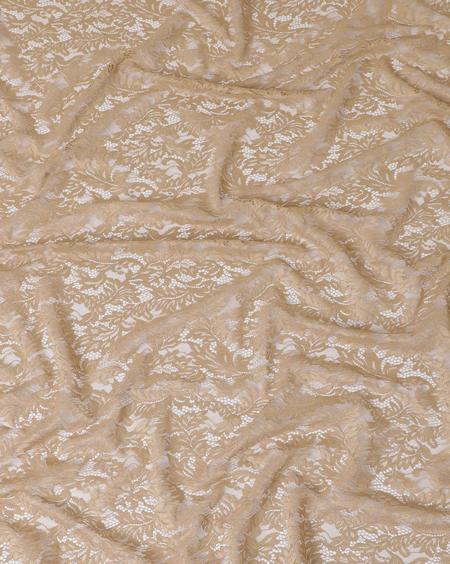 قماش دانتيل صناعي بني مع تطريز بنفس اللون بتصميم فاخر-D13898