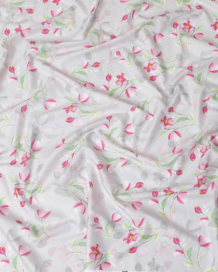 Pearl grey cotton satin fabric with multicolor print in floral design-D15277 - Regal Fabrics