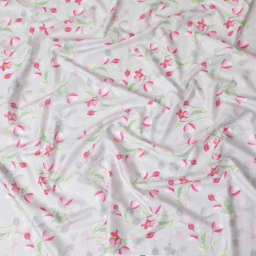 Pearl grey cotton satin fabric with multicolor print in floral design-D15277 - Regal Fabrics
