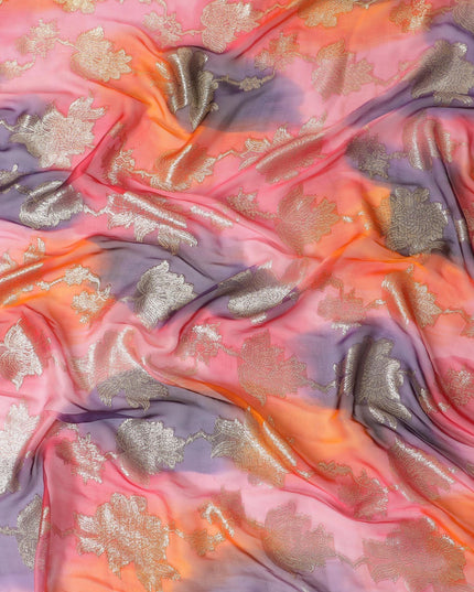 قماش شيفون حريري فرنسي (فرنساوي) فاخر متعدد الألوان مع لوركس معدني ذهبي بتصميم زهور-D14004