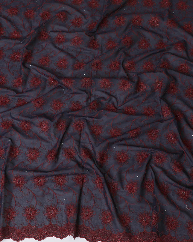 Dark navy blue Premium pure 100% Swiss cotton voile (Sudanese Thobe) fabric with crimson red and gold embroidery having stone work in fancy design-D13799