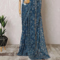 Steel blue, gold Premium pure French metallic chantilly lace saree in floral design-D15548 Regal Fabrics