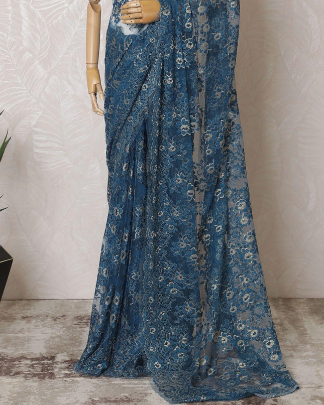 Steel blue, gold Premium pure French metallic chantilly lace saree in floral design-D15548