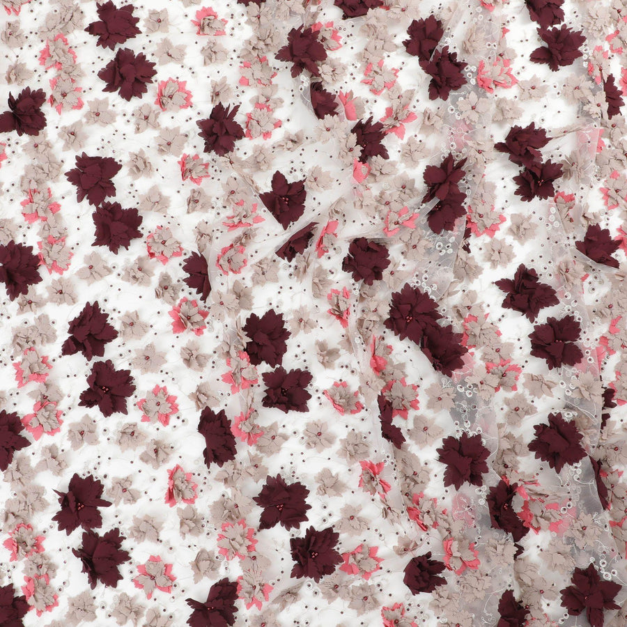 Beige nylon tulle fabric with same tone embroidery,  mocha brown, taffy pink, nude floral petals having pearls and stone work in floral design