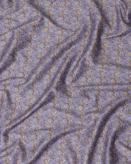 Royal blue cotton satin fabric with mustard yellow, scarlet red and lavender print in Paisley design-D11925 Regal Fabrics