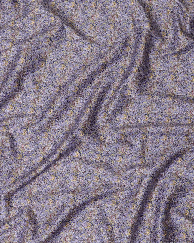 Royal blue cotton satin fabric with mustard yellow, scarlet red and lavender print in Paisley design-D11925 Regal Fabrics