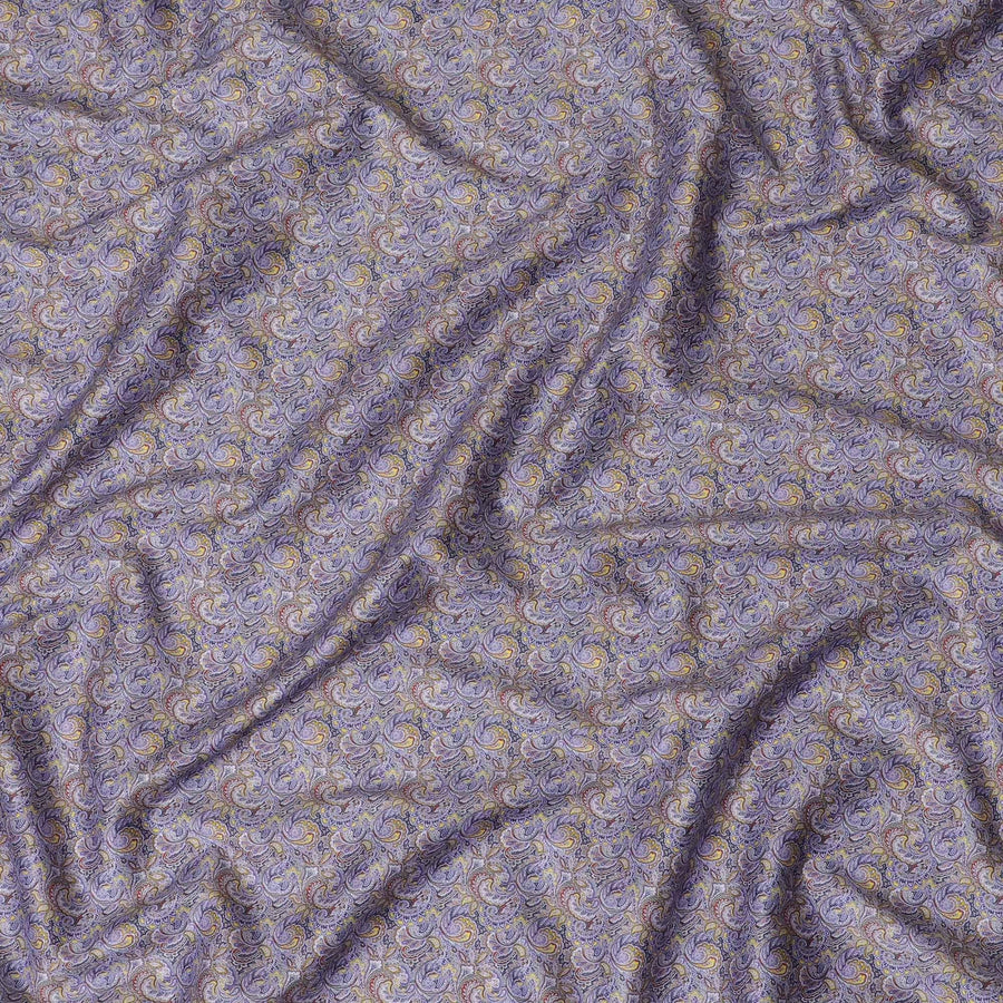 Royal blue cotton satin fabric with mustard yellow, scarlet red and lavender print in Paisley design-D11925 Regal Fabrics