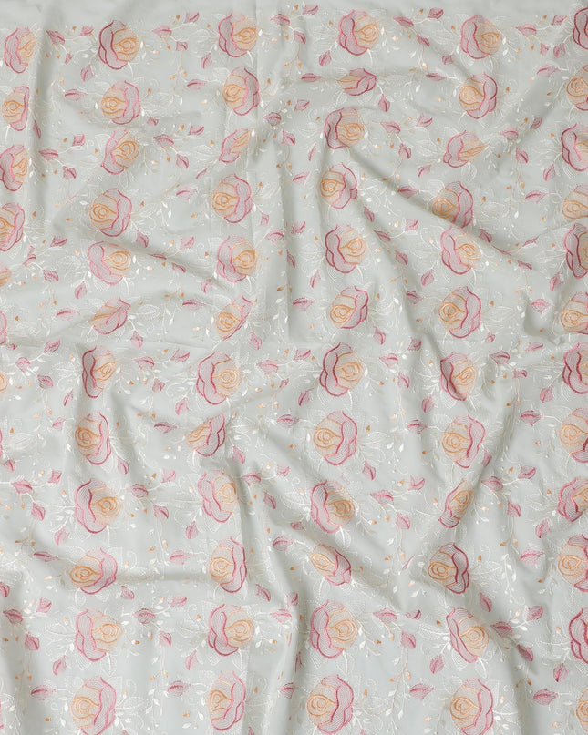 قماش فوال من القطن الخالص الفاخر باللون الأخضر الغار مع تطريز باللون الخوخي والوردي القرميدي والبيج بتصميم الأزهار-D15252