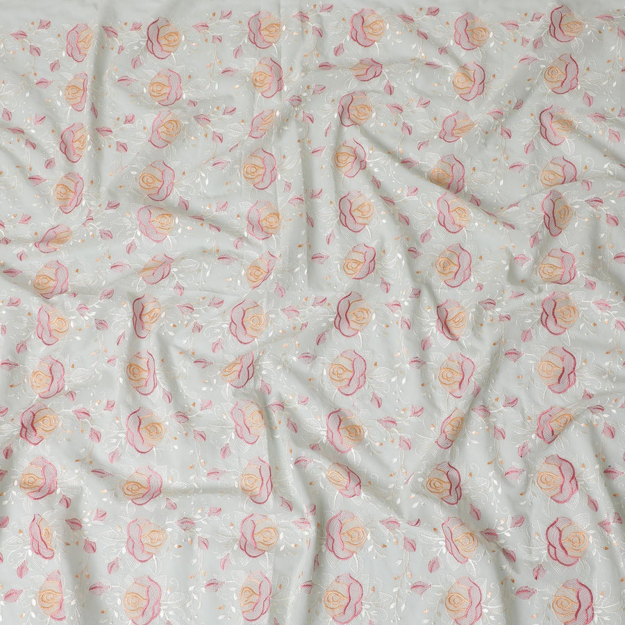 Laurel green Premium pure cotton voile fabric with peach, brick pink and beige embroidery in floral design-D15252