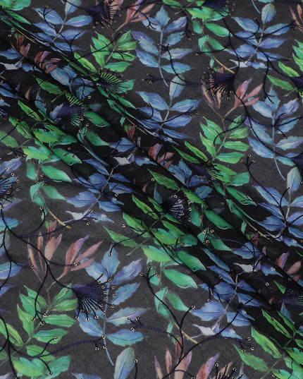 قماش الفوال القطني الخالص الفاخر باللون الأزرق الداكن مع طباعة متعددة الألوان مع تطريز بنفس اللون والترتر بتصميم الأزهار-D13256