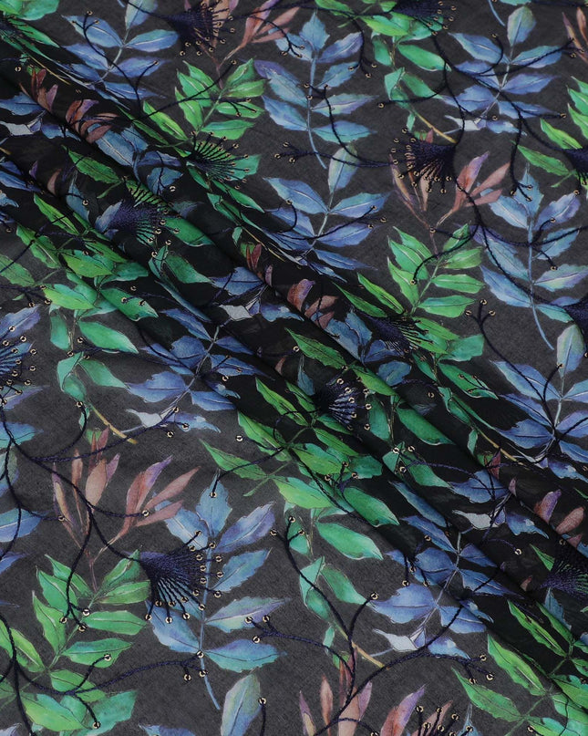 قماش الفوال القطني الخالص الفاخر باللون الأزرق الداكن مع طباعة متعددة الألوان مع تطريز بنفس اللون والترتر بتصميم الأزهار-D13256