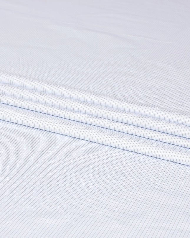 White blended cotton shirting fabric with powder blue and blue print in stripe design-D6342 Regal Fabrics