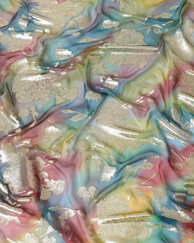 شيفون من الحرير الخالص متعدد الألوان مع لوريكس معدني ذهبي بتصميم الأزهار-D11382