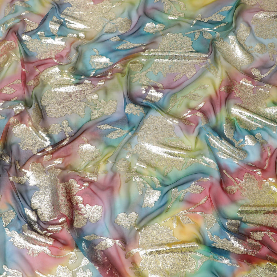شيفون من الحرير الخالص متعدد الألوان مع لوريكس معدني ذهبي بتصميم الأزهار-D11382