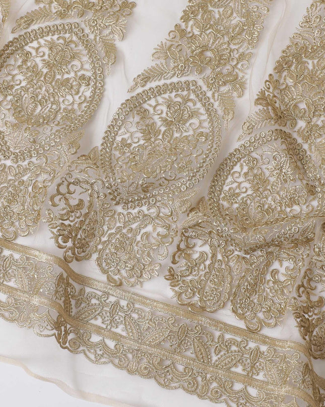 Light gold nylon tulle fabric with gold embroidery in floral design-D11761
