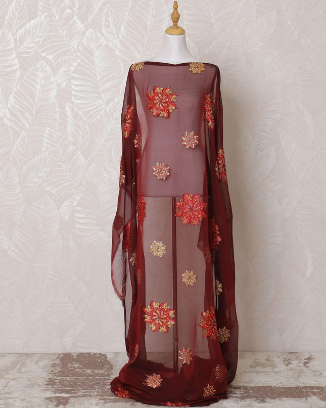 Barn red Premium pure French (Fransawi) silk chiffon dirac fabric with scarlet red, mustard yellow viscose having stone work in floral design-D15130