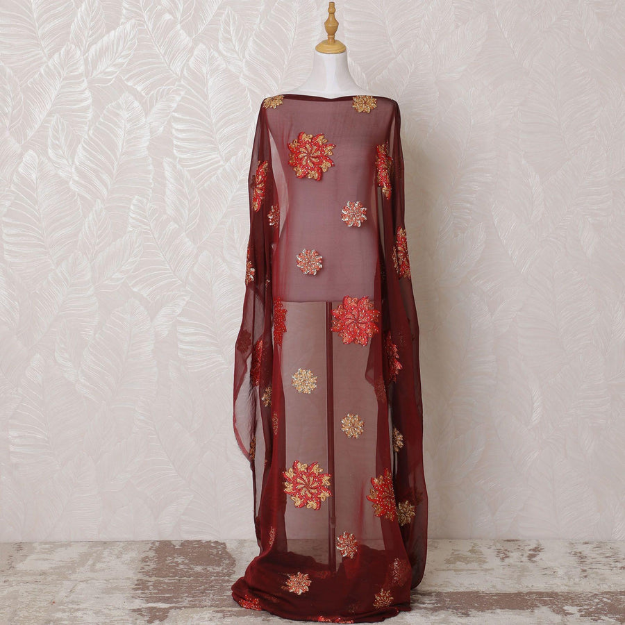 Barn red Premium pure French (Fransawi) silk chiffon dirac fabric with scarlet red, mustard yellow viscose having stone work in floral design-D15130