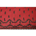 Fire brick red nylon tulle fabric with black velvet flock having golden bead work and stone work in floral design