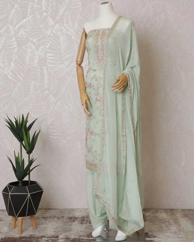 Vista green Premium pure silk crepe kameez with mint green embroidery, sequin work and stone work in floral design. Vista green plain salwar with same tone chiffon dupatta with same tone embroidery and bead work-D15576 Regal Fabrics